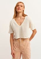 Bayan Krem V-Neck Ajurlu Crop Bluz