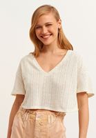 Bayan Krem V-Neck Ajurlu Crop Bluz