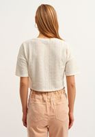 Bayan Krem V-Neck Ajurlu Crop Bluz