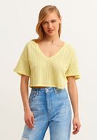 Bayan Sarı V-Neck Ajurlu Crop Bluz