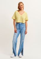 Bayan Sarı V-Neck Ajurlu Crop Bluz