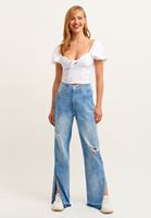 Bayan Mavi  Long Straight Yüksek Bel Denim Pantolon