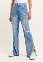 Bayan Mavi  Long Straight Yüksek Bel Denim Pantolon