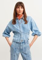 Bayan Mavi Pamuklu Denim Crop Bluz