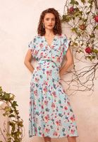 Bayan Gök Mavisi Floral Desenli Crop Bluz