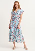 Bayan Gök Mavisi Floral Desenli Crop Bluz