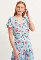Bayan Gök Mavisi Floral Desenli Crop Bluz