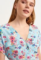 Bayan Gök Mavisi Floral Desenli Crop Bluz