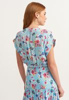 Bayan Gök Mavisi Floral Desenli Crop Bluz