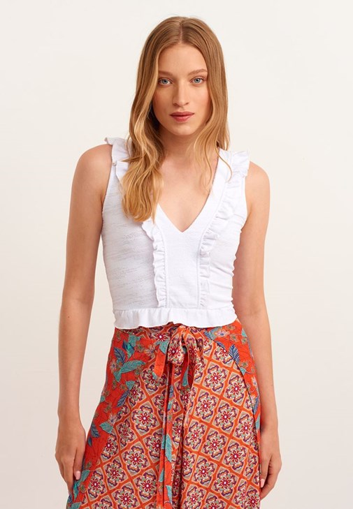 Fırfırlı Crop Top ve Yırtmaçlı Pantolon Kombini