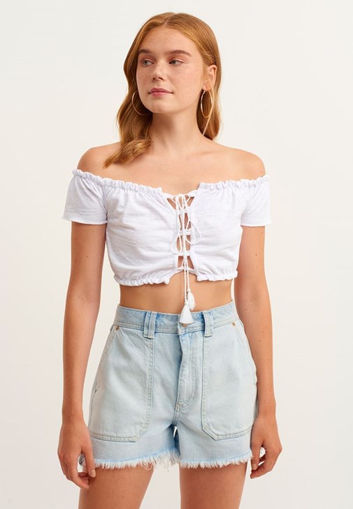 White Lace Up Crop Tank Top Online Shopping | OXXOSHOP