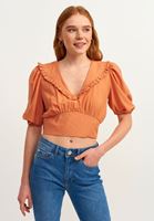 Bayan Turuncu Fırfırlı V-Neck Crop Bluz