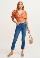 Bayan Turuncu Fırfırlı V-Neck Crop Bluz