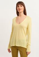 Bayan Sarı Sırtı Ajurlu Keten V-Neck Triko