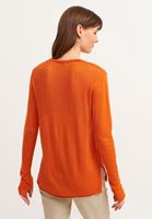 Bayan Turuncu Sırtı Ajurlu Keten V-Neck Triko