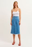 Bayan Mavi Pamuklu ve Düğmeli Denim Midi Etek