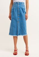 Bayan Mavi Pamuklu ve Düğmeli Denim Midi Etek