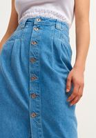 Bayan Mavi Pamuklu ve Düğmeli Denim Midi Etek