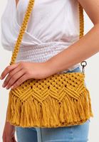 Bayan Sarı Püsküllü Handmade Makrome Çanta