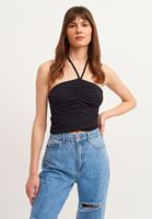 Bayan Siyah Cut-Out Büzgülü Crop Atlet (MODAL)