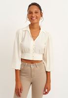 Bayan Krem Balon Kol Crop Bluz ( TENCEL™ )