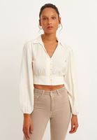 Bayan Krem Balon Kol Crop Bluz ( TENCEL™ )