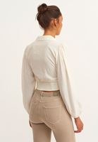 Bayan Krem Balon Kol Crop Bluz ( TENCEL™ )