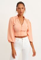 Bayan Pembe Balon Kol Crop Bluz ( TENCEL™ )