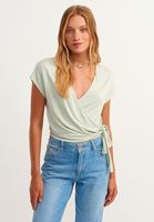 Bayan Yeşil/Gri Kruvaze Crop Bluz ( MODAL )