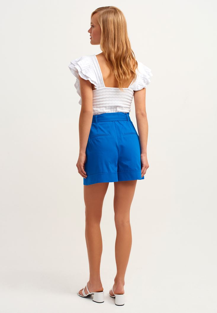 Women Blue Ultra High Rise Belted Shorts
