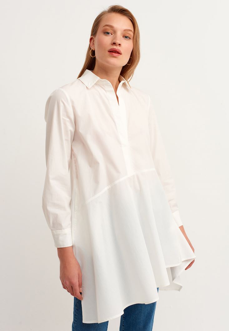 Women Cream Cotton Ruffled Shirt Dress