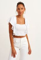 Bayan Beyaz Fırfırlı ve Nakışlı Crop Bluz