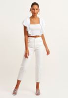 Bayan Beyaz Fırfırlı ve Nakışlı Crop Bluz