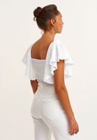 Bayan Beyaz Fırfırlı ve Nakışlı Crop Bluz