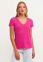 Bayan Pembe Pamuklu V-Neck Tişört