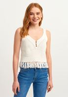 Bayan Krem Püsküllü Crop Triko top