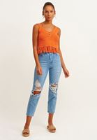 Bayan Turuncu Püsküllü Crop Triko top