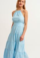 Bayan Mavi Halter-Neck Maxi Elbise