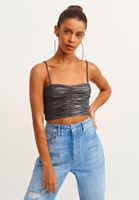Bayan Siyah Büzgülü Metalik Crop Top