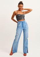 Bayan Siyah Büzgülü Metalik Crop Top