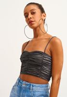 Bayan Siyah Büzgülü Metalik Crop Top