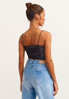 Bayan Siyah Büzgülü Metalik Crop Top
