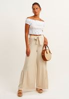 Bayan Açık Bej Kuşaklı ve Volanlı Wide-Leg Pantolon
