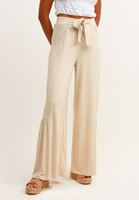 Bayan Açık Bej Kuşaklı ve Volanlı Wide-Leg Pantolon