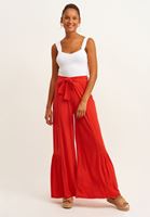 Bayan Kırmızı Kuşaklı ve Volanlı Wide-Leg Pantolon