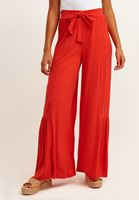 Bayan Kırmızı Kuşaklı ve Volanlı Wide-Leg Pantolon