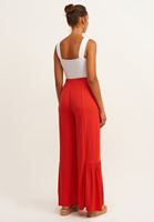 Bayan Kırmızı Kuşaklı ve Volanlı Wide-Leg Pantolon