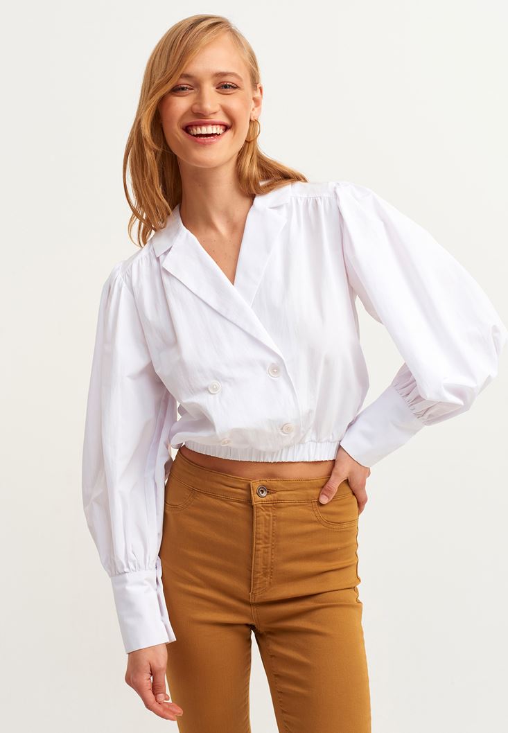 White Double Breasted Crop Shirt Online Shopping | OXXOSHOP