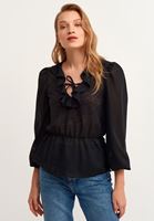 Bayan Siyah Fırfırlı V-Neck Romantik Bluz