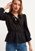 Bayan Siyah Fırfırlı V-Neck Romantik Bluz